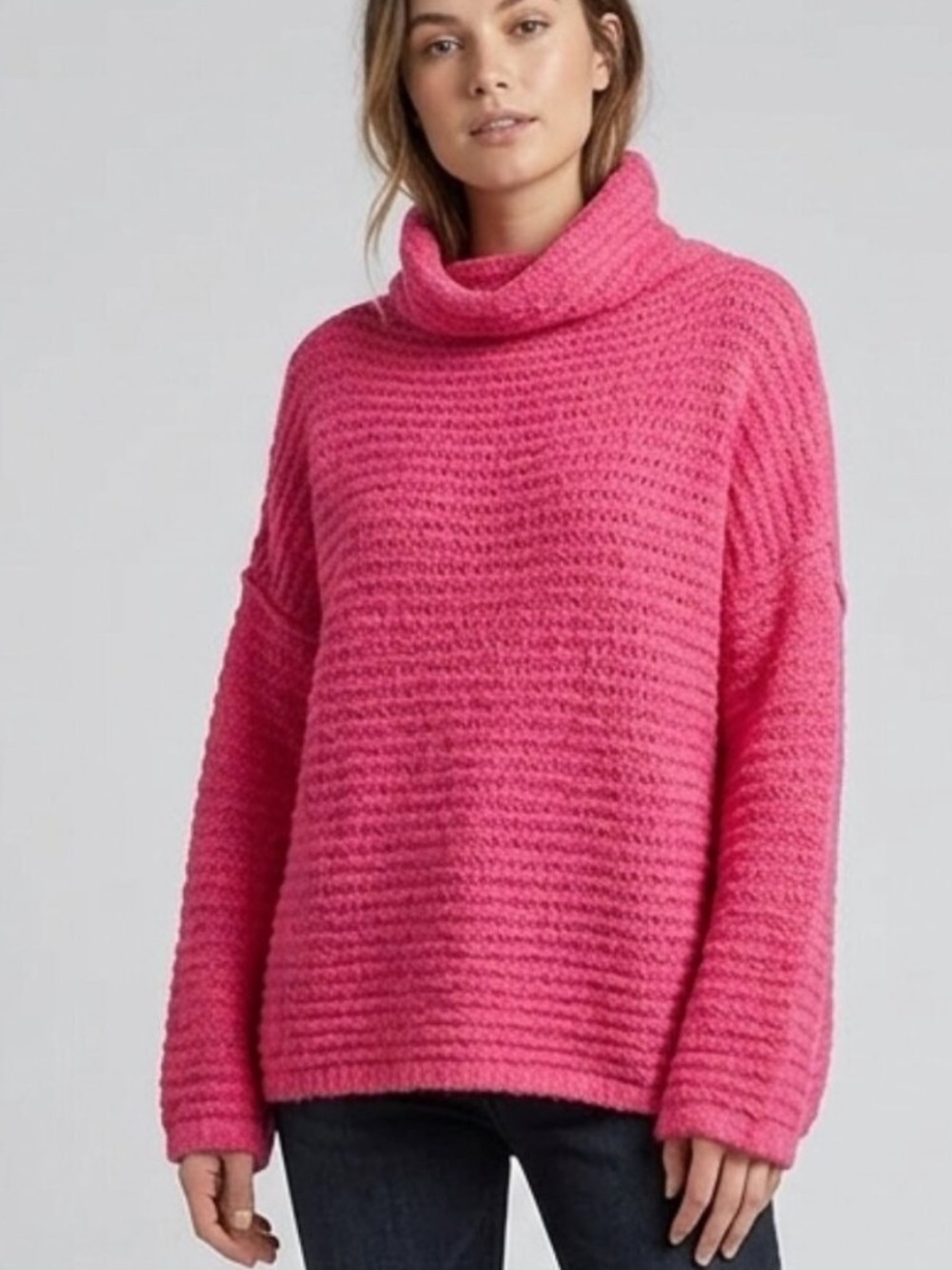 Aerie Oversized Turtleneck Cable Knit Sweater in Hot Fuchsia Size Small
